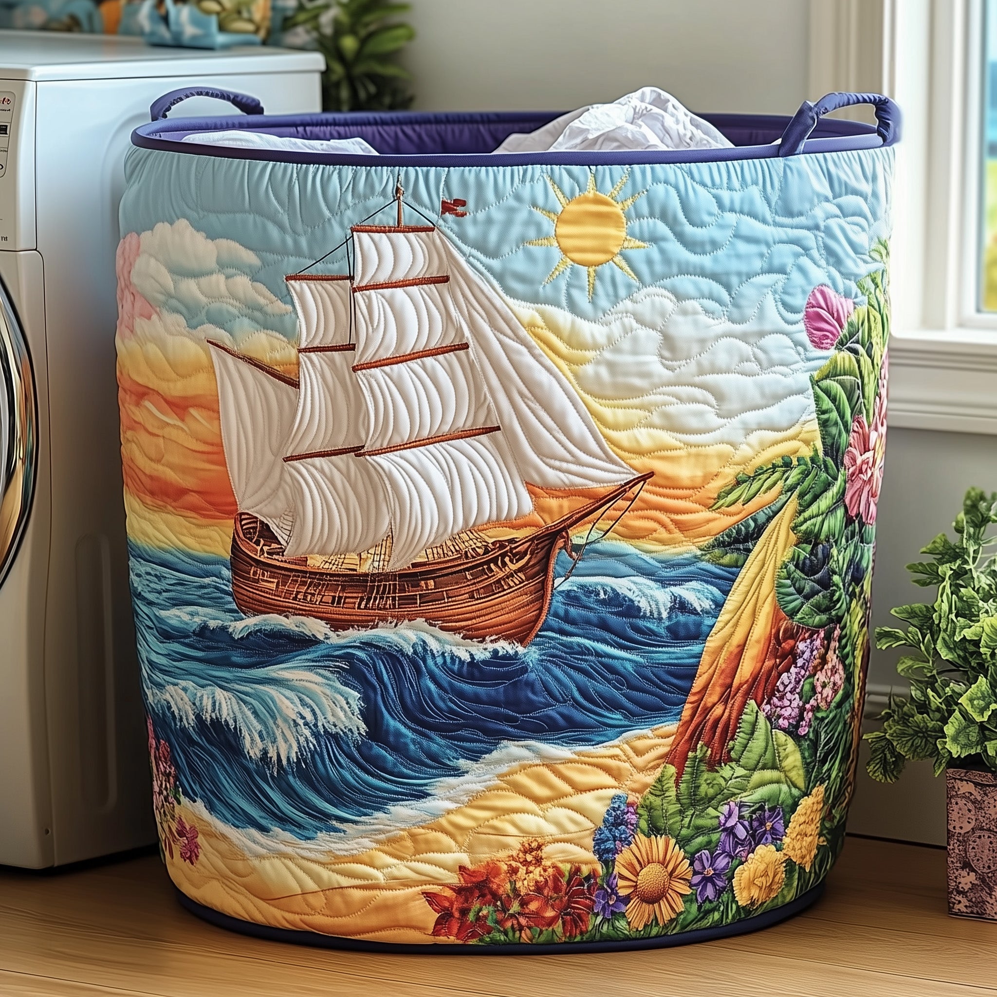 Sailling Ship Quilted Laundry Basket Ocean Themed Presents