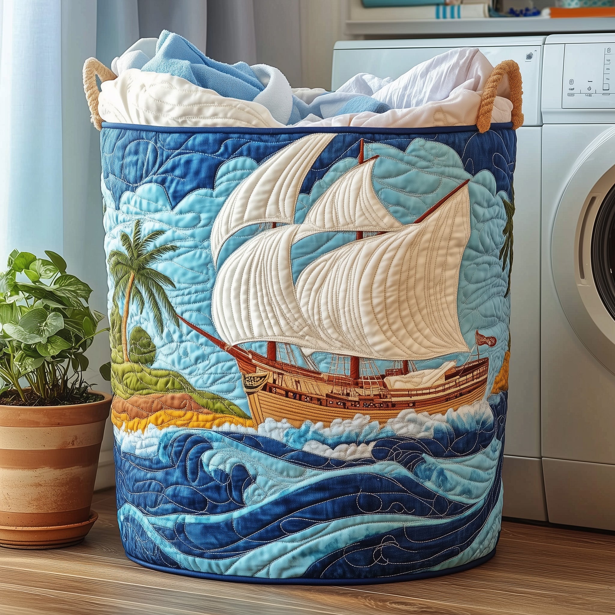 Sailling Ship Quilted Laundry Basket Unique Gifts For Ocean Lovers