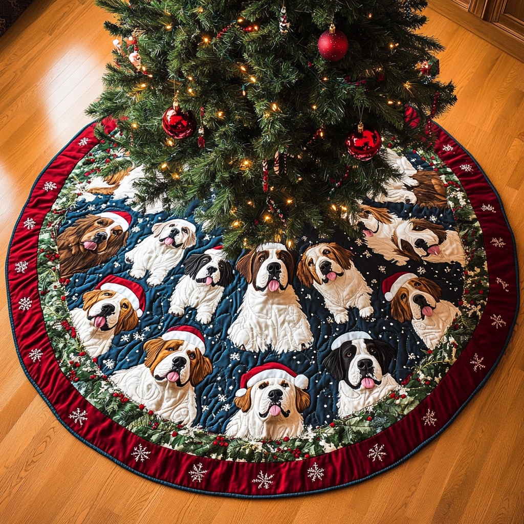 Saint Bernard Christmas Joy Christmas Quilted Tree Skirt Seasonal Gift Merch for Festive Homes