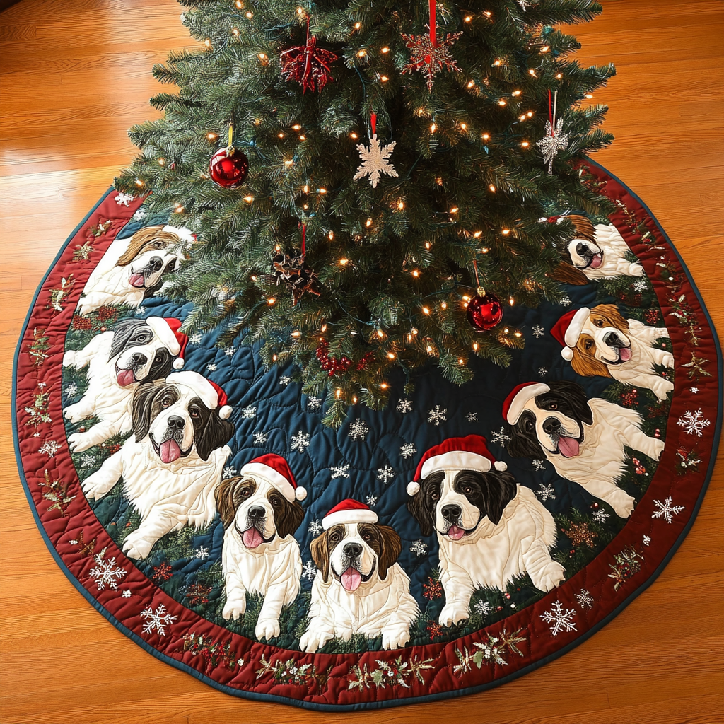 Saint Bernard Holiday Joy Christmas Quilted Tree Skirt Perfect Merch Gift Tree Skirt for Holiday Season