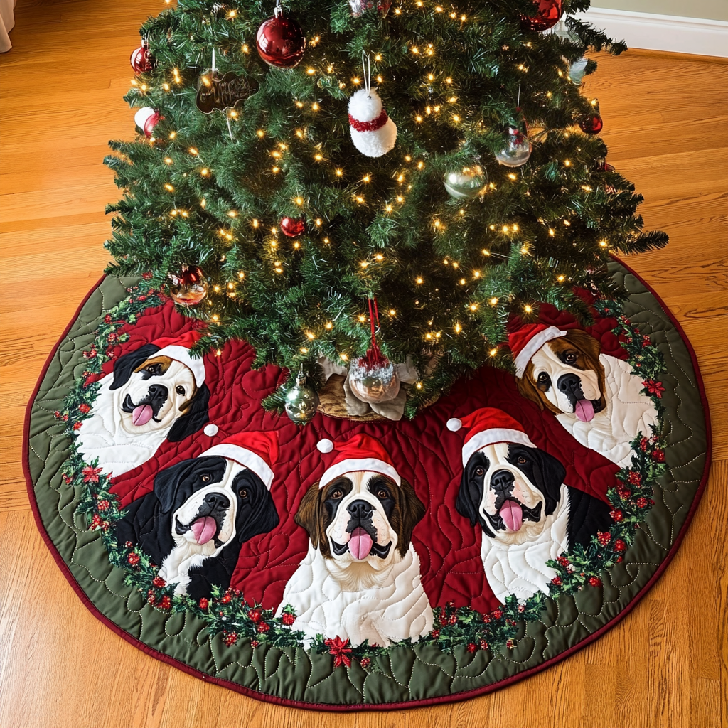 Saint Bernard Holiday Spirit Christmas Quilted Tree Skirt Lovely Holiday Tree Skirt for Festive Vibes