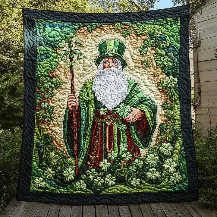 Saint Patrick Leprechaun Quilted Blanket Irish Shamrock Staff Celtic Best St Pattys Day Gift