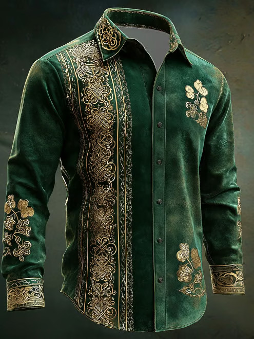 Saint Patrick's Day Celtic Cross Intricate Floral Long Sleeve Button Up Shirt Irish Gifts