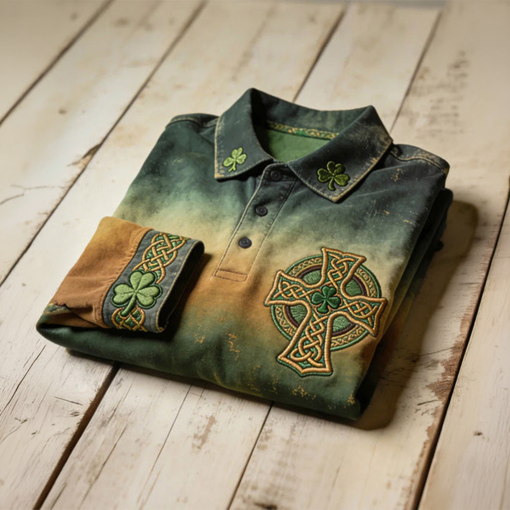 Saint Patrick's Day Celtic Cross Shamrock Polo Long Sleeve Shirt Pats Day Apparel