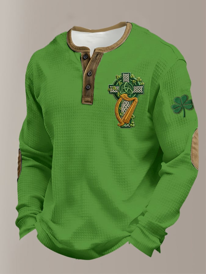 Saint Patricks Day Clover Henley Button Long Sleeve Shirt St Patricks Outfit Gift For Dad
