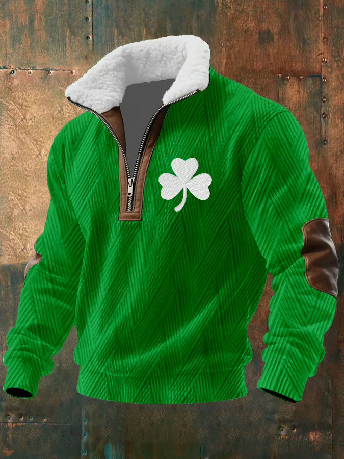 Saint Patrick's Day Clover Zipper Fur Collar Sweatshirt St Patricks Day Clothes Men