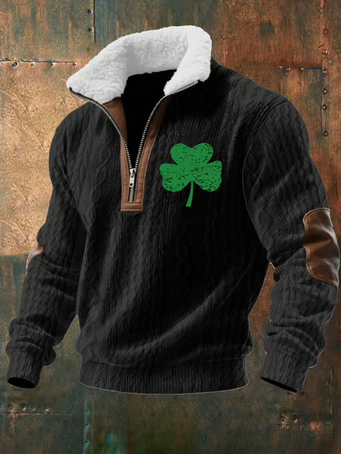 Saint Patrick's Day Clover Zipper Fur Collar Sweatshirt St Patricks Day Merch Men's
