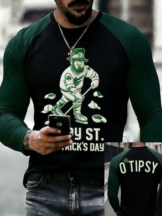 Saint Patrick's Day Leprechaun Hockey Player Long Sleeve T Shirt Green Irish Gift for Sports