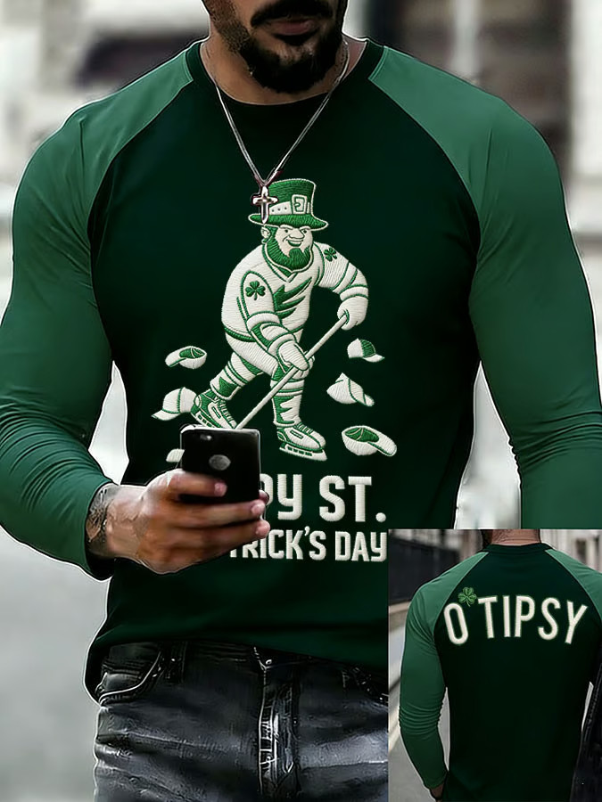 Saint Patrick's Day Leprechaun Hockey Player Long Sleeve T Shirt Green Irish Gift for Sports