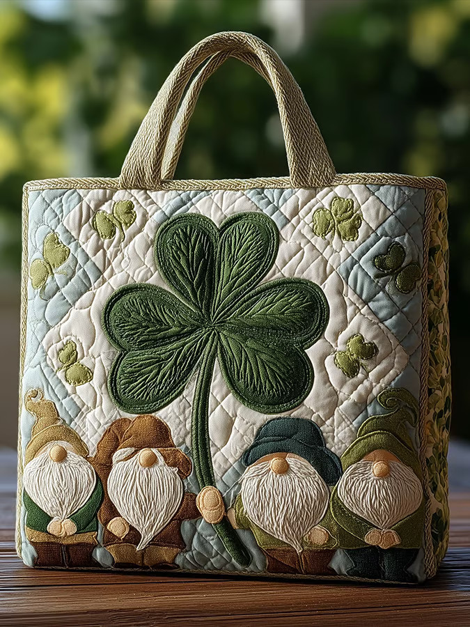 Saint Patrick's Day Shamrock And Gnome Quilted Handbag Happy St Patrick's Day Gifts For Women