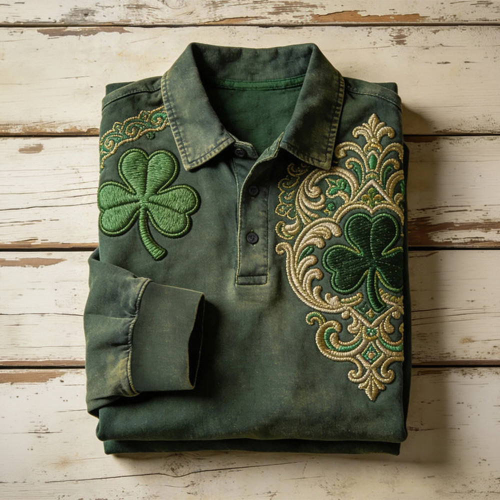 Saint Patricks Day Shamrock Art Vintage Polo Long Sleeve Shirt St Paddy's Day Apparel Gift Idea
