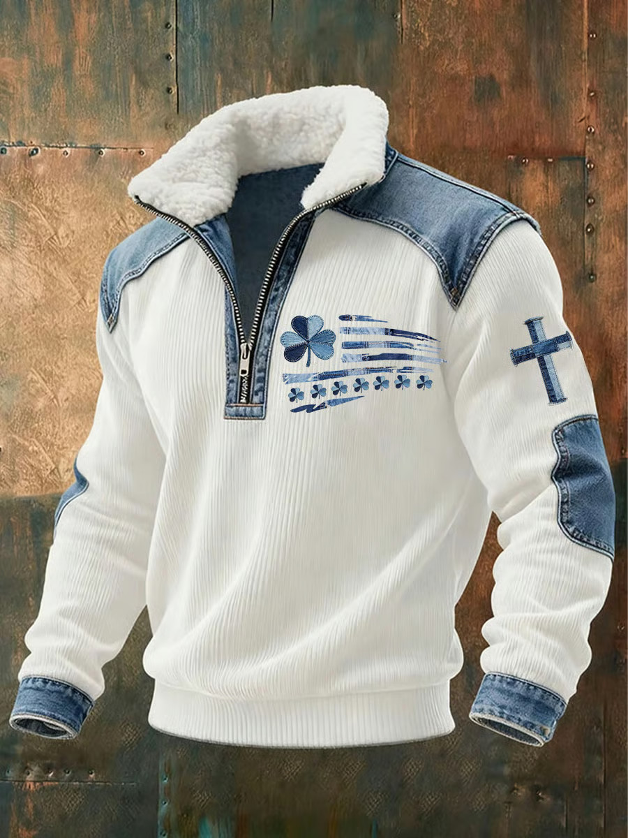 Saint Patrick's Day Shamrock Clover Flag Zipper Fur Collar Sweatshirt St Patricks Day Merch Saint Patrick's Day Shamrock Clover Flag Zipper Fur Collar Sweatshirt St Patricks Day Merch