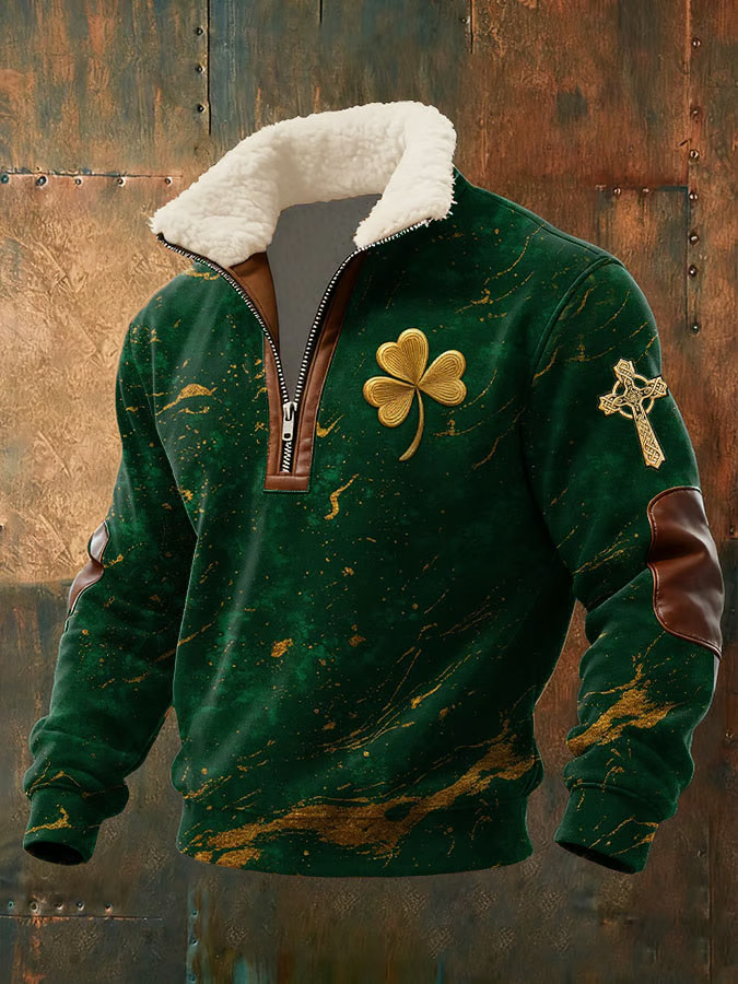 Saint Patrick's Day Shamrock Zipper Fur Collar Sweatshirt St Patty's Day Apparel Festive Irish Gifts