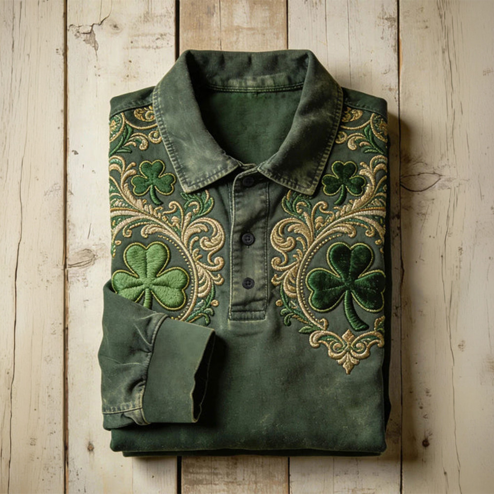 Saint Patricks Day Vintage Polo Long Sleeve Shirt Shamrock Art Clothing St Paddy's Day Gift