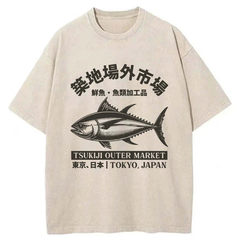 Sakana Tsukiji Fish Market Washed T-Shirt Trendy Aesthetic Graphic Apparel Gifts For Best Friend