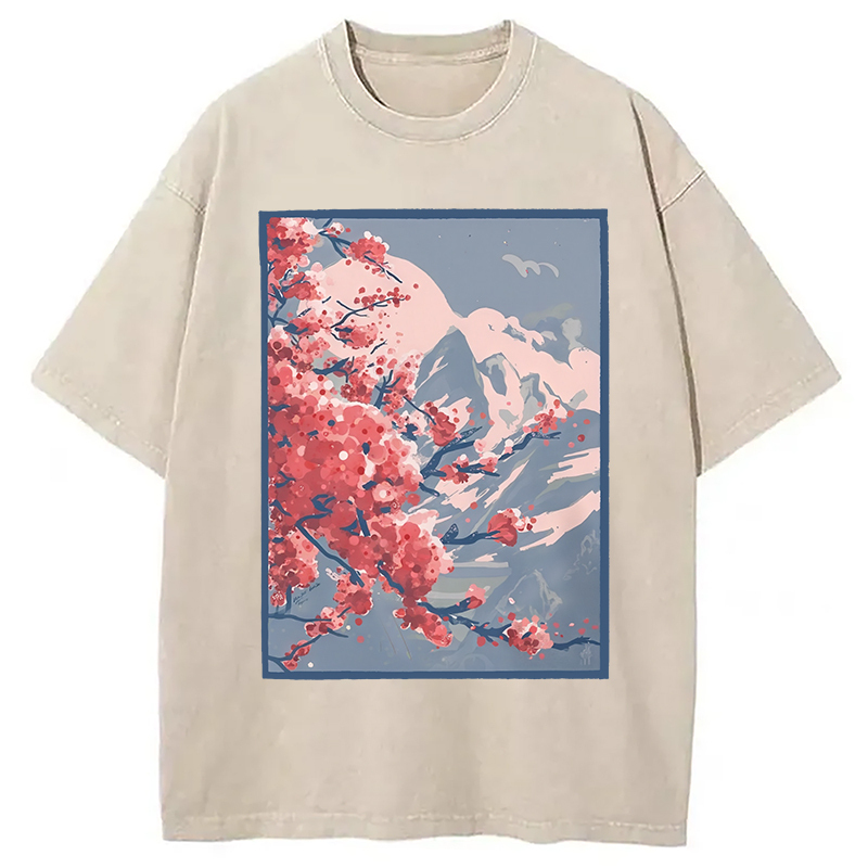 Sakura Blossom Mountain Washed T-Shirt Casual Oversized Outfit Style Gifts For Besties