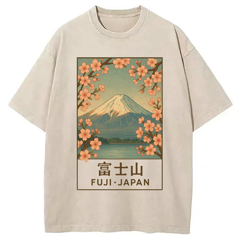 Sakura Fuji Japan Washed T-Shirt Soft Comfortable Daily T Shirt Gifts For Friends