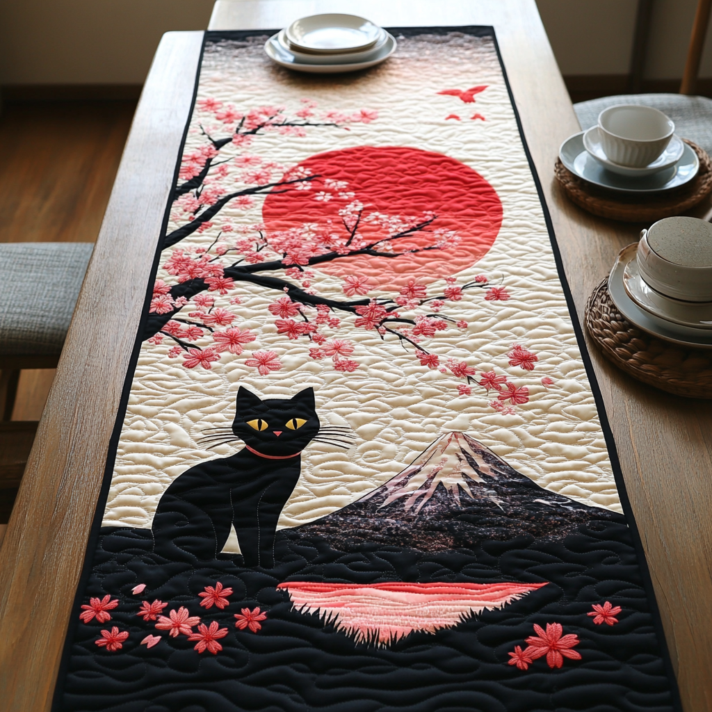 Sakura Mountain Cat Quilted Table Runner Dinner Table Decor Gifts For Black Cat Owners