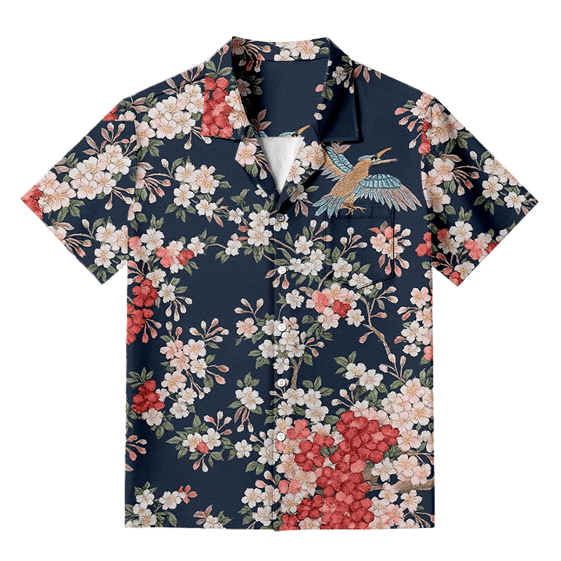 Sakura Navy Hawaiian Shirt Flower Pattern Japanese Art Clothing Gifts For Father