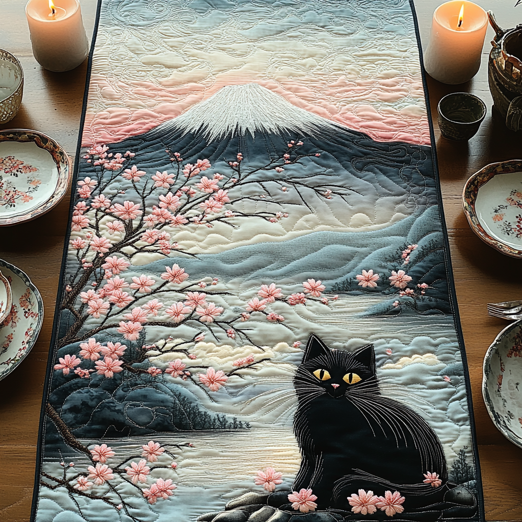 Sakura Sky Cat Quilted Table Runner Kitchen Table Decor Black Cat Themed Gifts