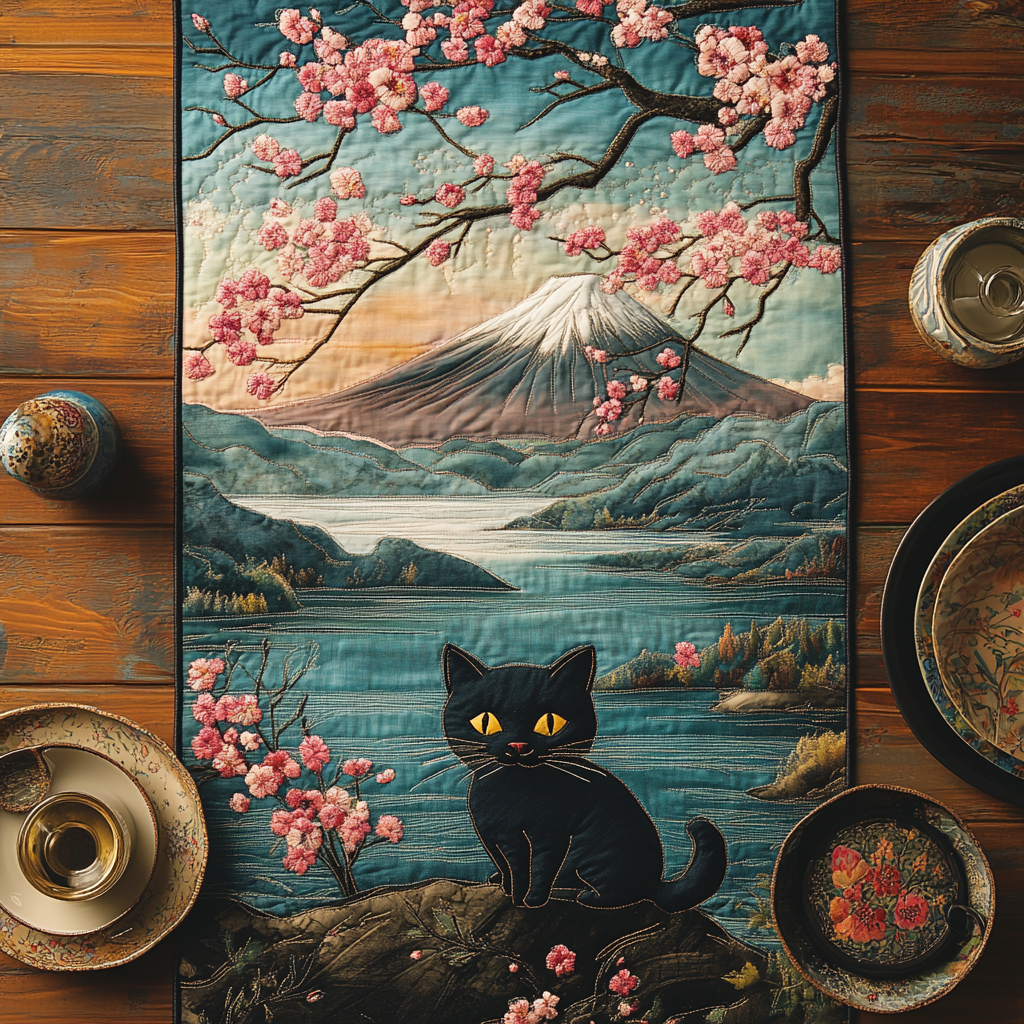 Sakura Spirit Cat Quilted Table Runner Dining Table Decor Black Cat Gifts For Her