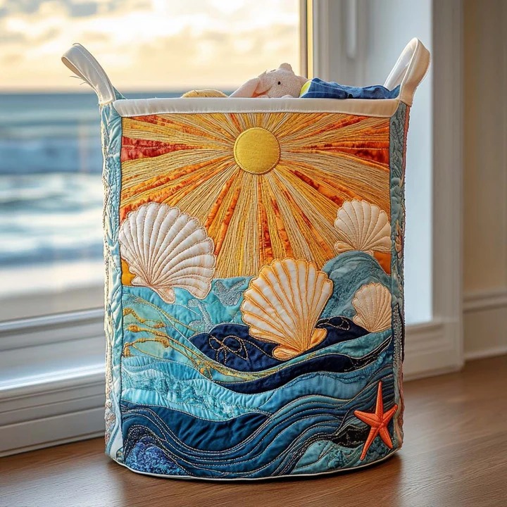 Salty Shell Sunset Ocean Quilted Laundry Basket Coastal Beach Home Decor Best Gift For Beach Lovers