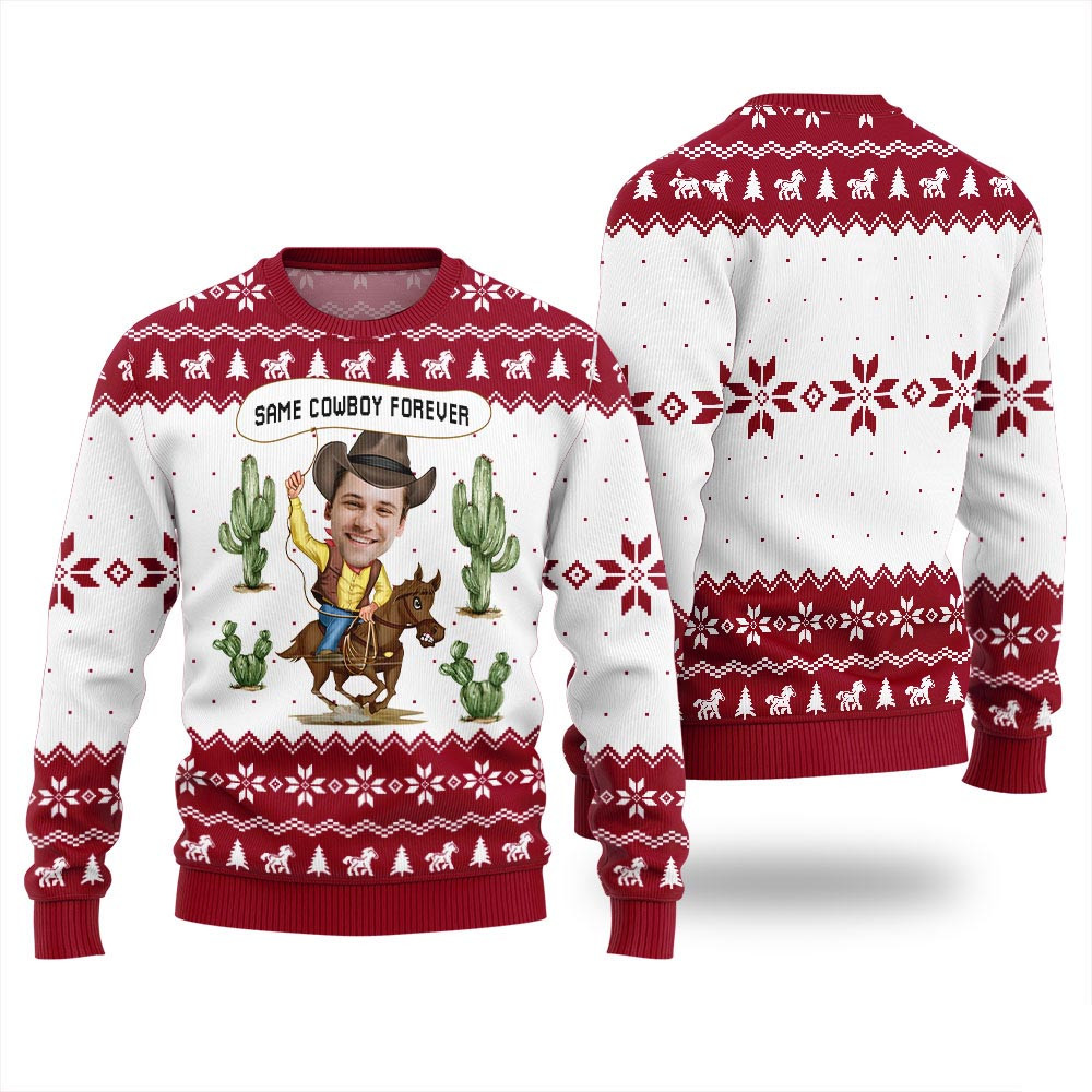 Same Cowboy Forever Western Ugly Christmas Sweater Custom Face Red Best Christmas Sweaters