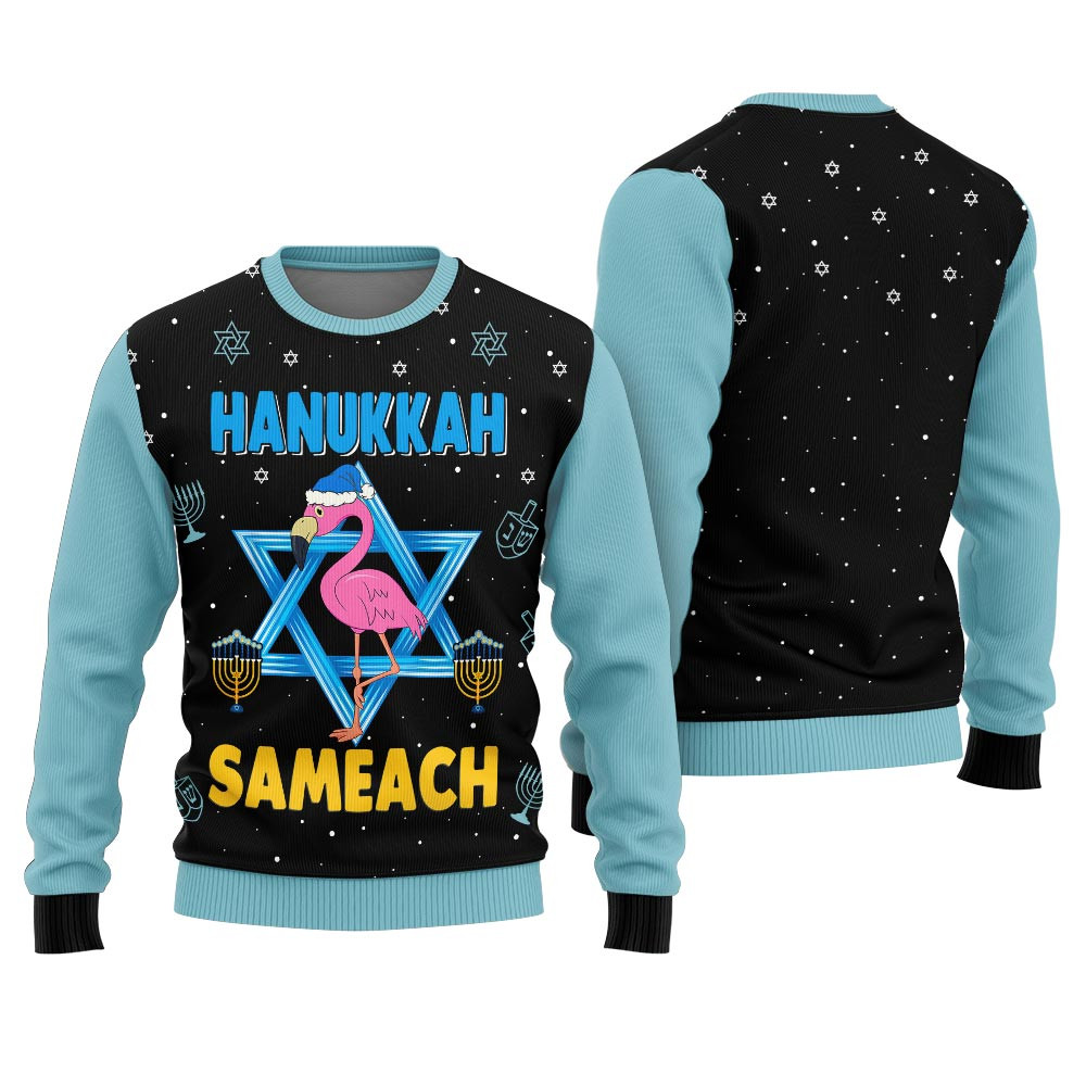 Sameach Flamingo Hanukkah Sweater For Women Seasonal Gift Merch for Cozy Christmas Vibes