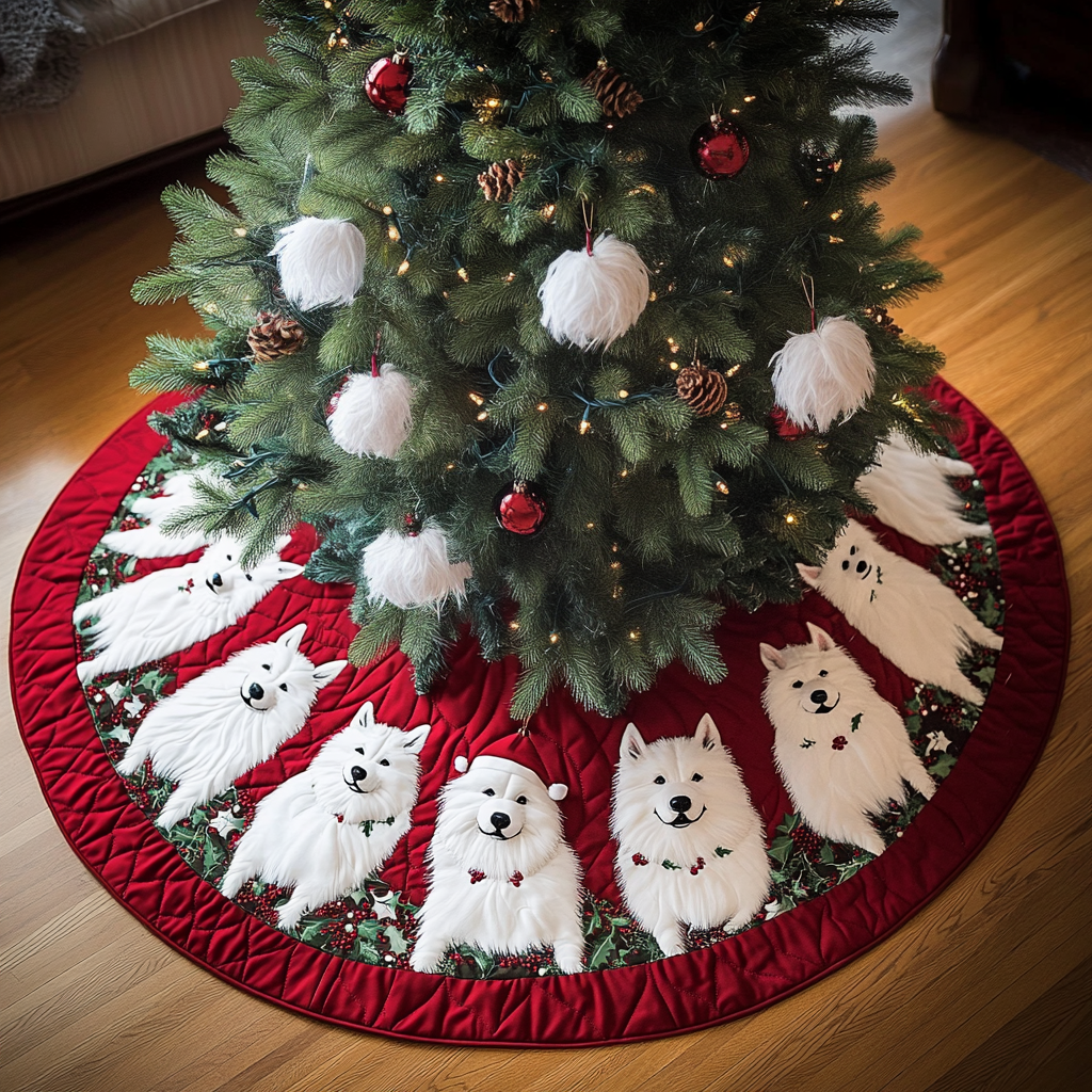 Samoyed Christmas Joy Christmas Quilted Tree Skirt Small Tree Skirt Christmas Gift For Inlaws