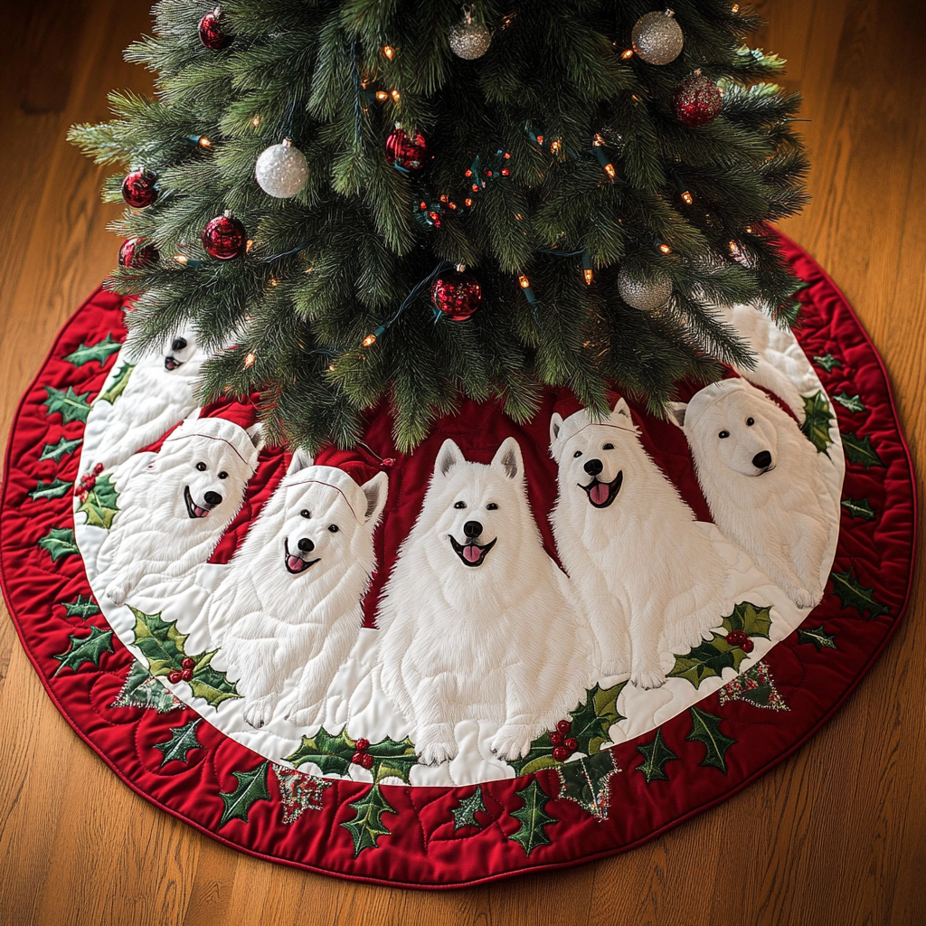 Samoyed Holiday Joy Christmas Quilted Tree Skirt Charming Tree Skirt for Family Gatherings