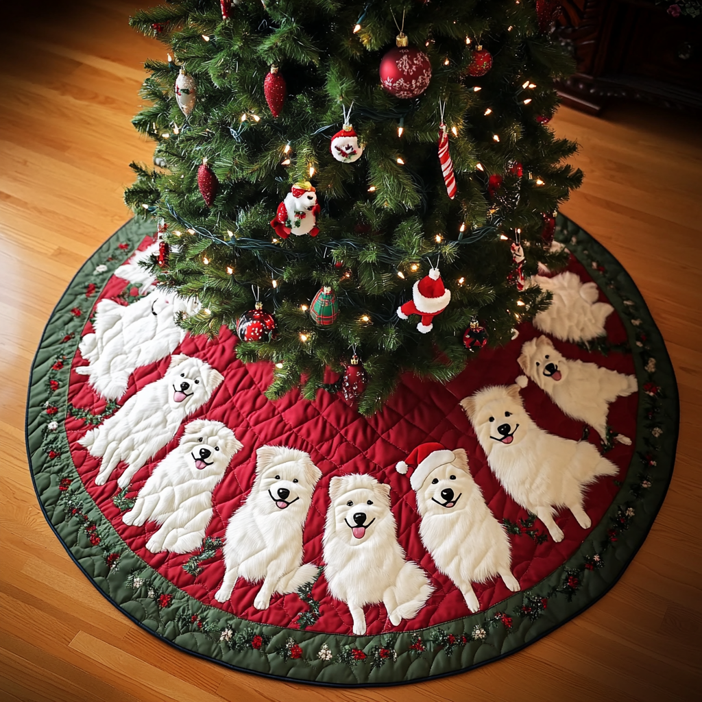 Samoyed Holiday Spirit Christmas Quilted Tree Skirt Magical Christmas Tree Skirt to Impress Guests