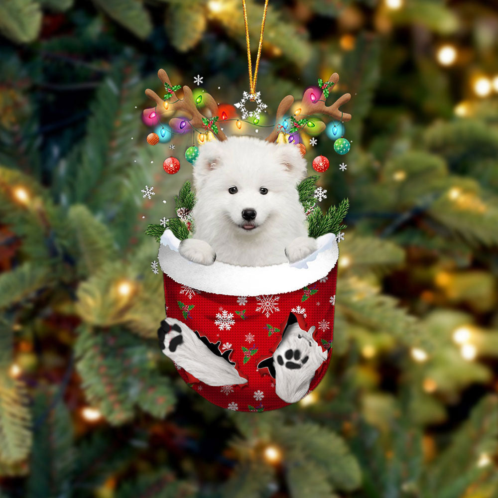 Samoyed In Snow Pocket Christmas Flat Dog Acrylic Ornament Cute Gift For Dogs Lovers
