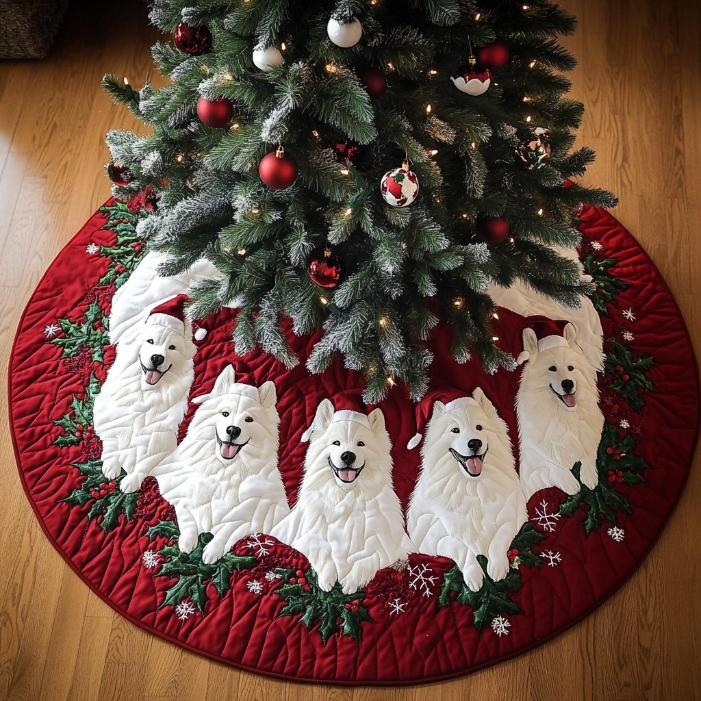 Samoyed Noel Night Christmas Quilted Tree Skirt Custom Christmas Tree Skirt Merch for Your Family