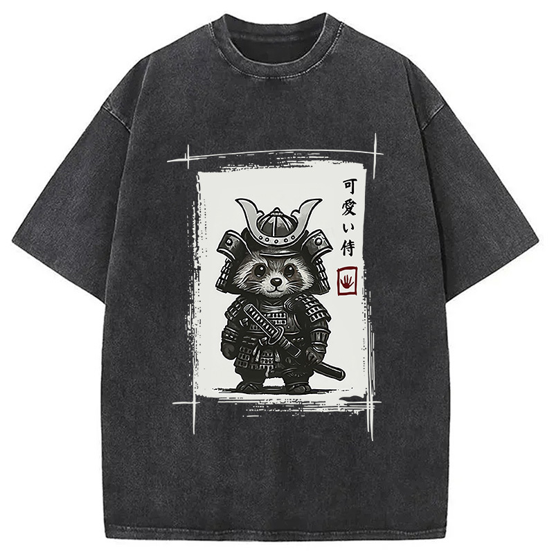 Samurai Baby Raccoon Washed T-Shirt Cool Graphic Tee For Men Women Gifts For Brother