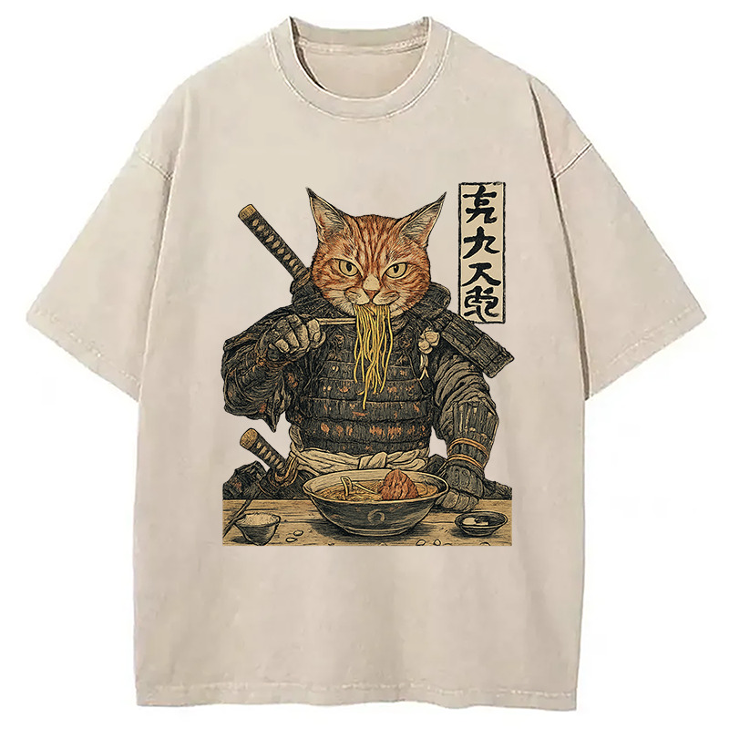 Samurai Cat Eating Ramen Washed T-Shirt Casual Oversized Outfit Style Gifts For Friends