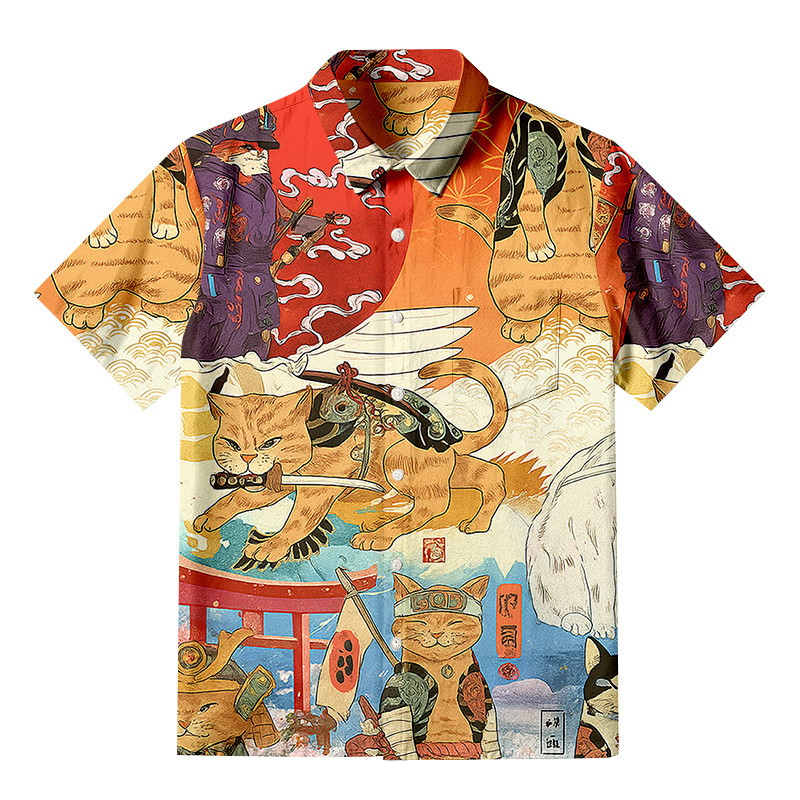 Samurai Cat Funny Art Japanese Button Up Shirt Animal Themed Japanese Culture Shirt Samurai Gift