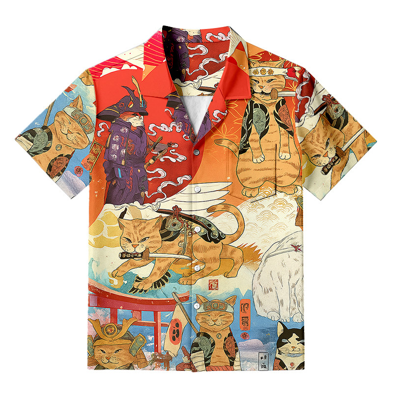 Samurai Cat Funny Art Japanese Hawaiian Shirt Animal Themed Japanese Art Clothing Cat Gifts