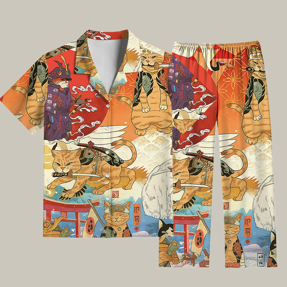 Samurai Cat Funny Art Japanese Pajama Set Merry Xmas Clothes Christmas Gifts For Girlfriend