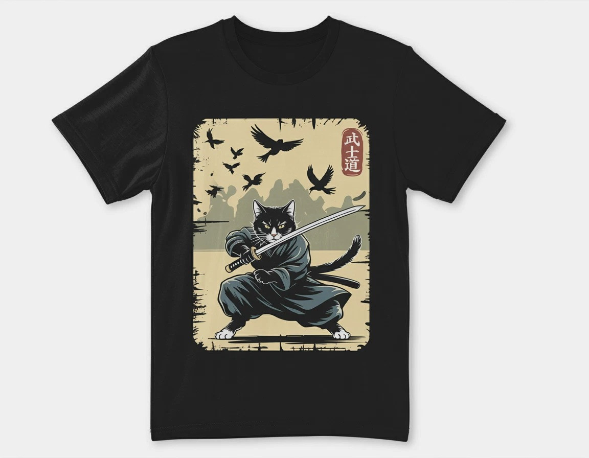 Samurai Cat Graphic Shirt Warrior Vintage Japanese Art T-Shirt Him Gifts