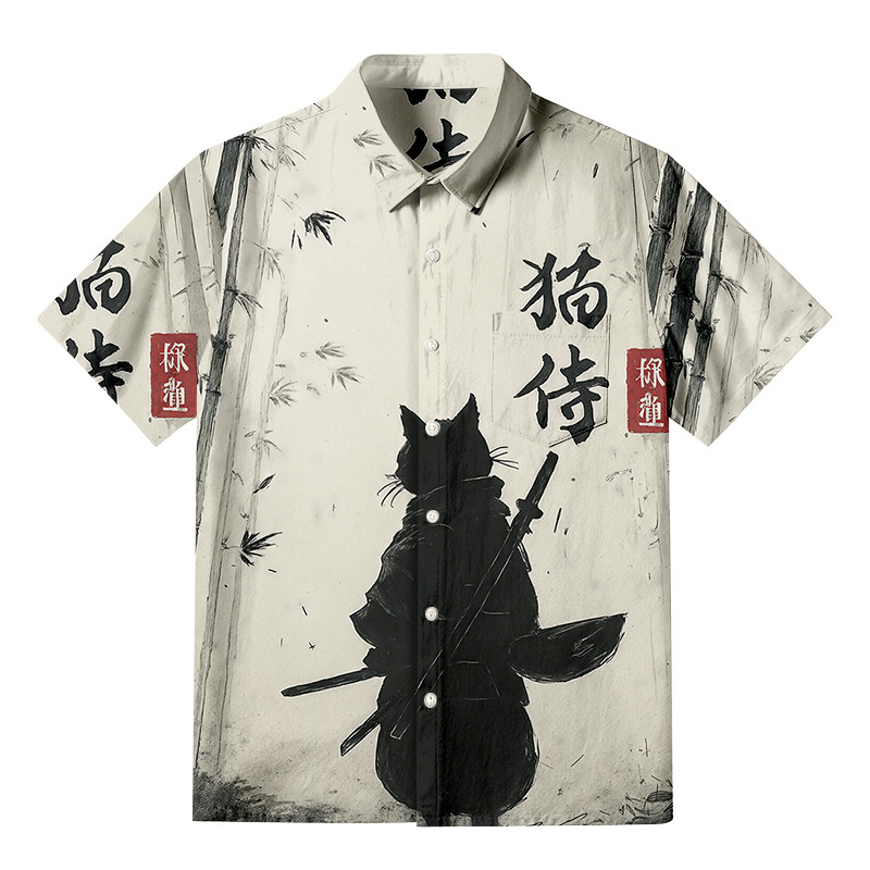Samurai Cat In The Bamboo Forest Button Up Shirt Japanese Art Shirt Cat Gifts For Xmas