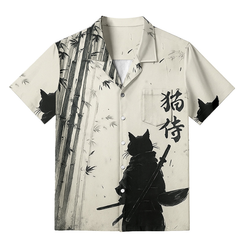 Samurai Cat In The Bamboo Forest Hawaiian Shirt Vintage Style Shirt Gifts For Cat Owners
