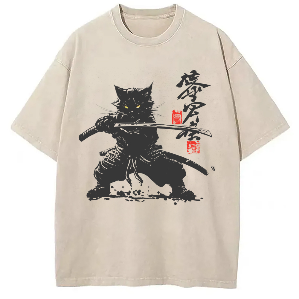 Samurai Cat Japanese Washed T-Shirt Trendy Aesthetic Graphic Apparel Gifts For Him