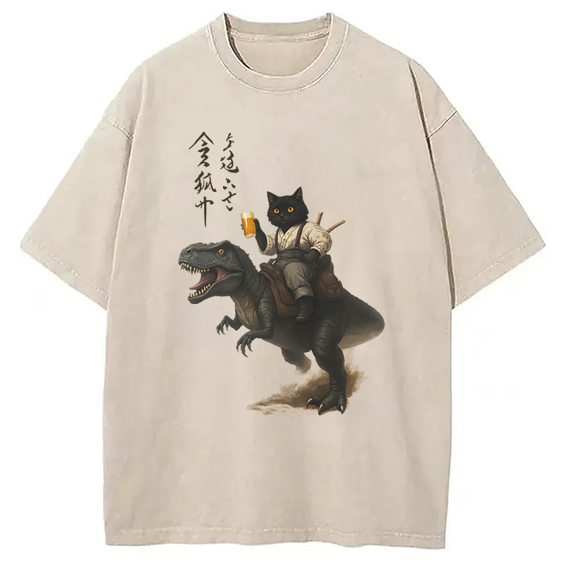 Samurai Cat Rides a Dino Washed T-Shirt Funny Aesthetic Trendy Apparel Gifts For BFF
