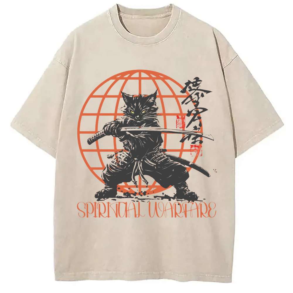 Samurai Cat Spiritual Warfare Washed T-Shirt Funny Graphic Gift For Friends Gifts For Him