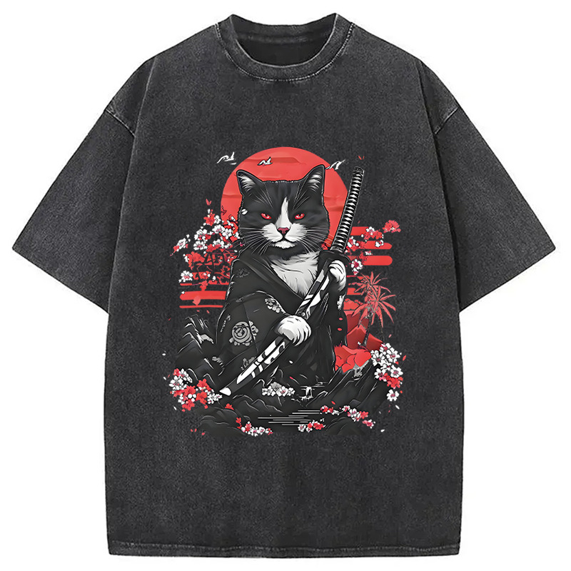 Samurai Cat Washed T-Shirt Unique Aesthetic Fashion Tee Gifts For Him