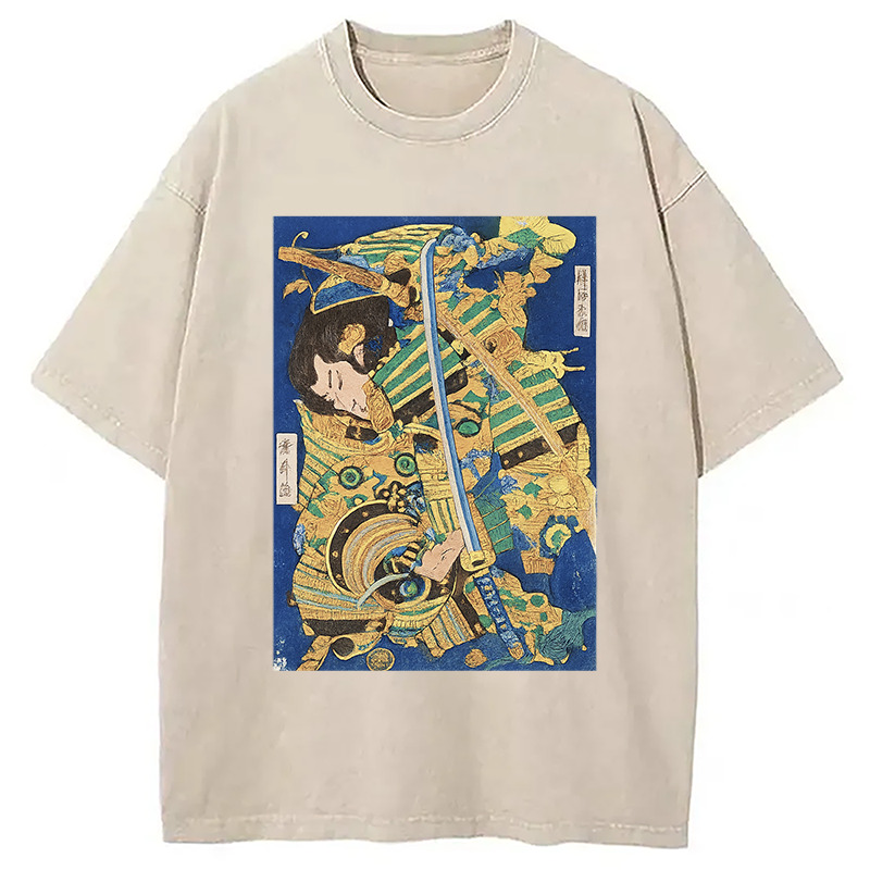 Samurai Clash Ukiyo-e Washed T-Shirt Unique Aesthetic Fashion Tee Gifts For Best Friend