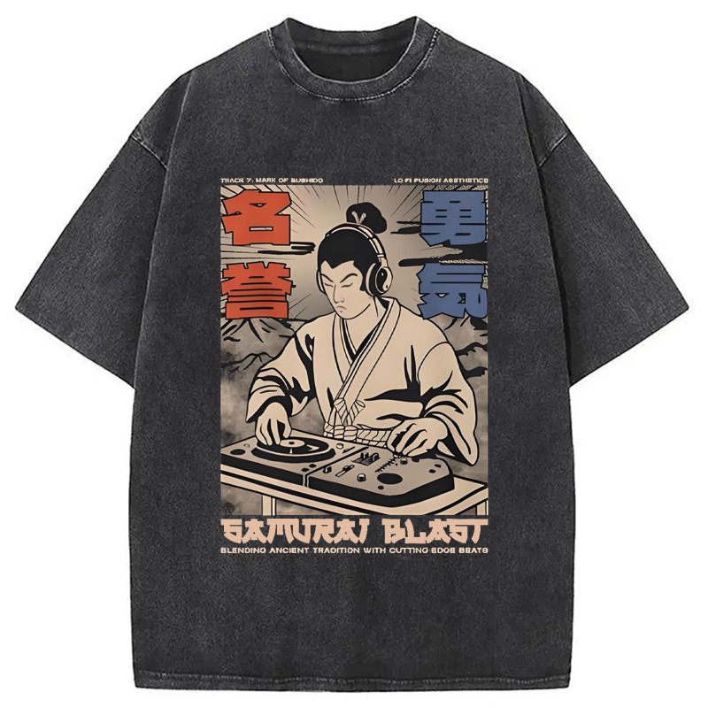 Samurai DJ Japanese Washed T-Shirt Trendy Everyday Casual Outfit Gifts For Friends