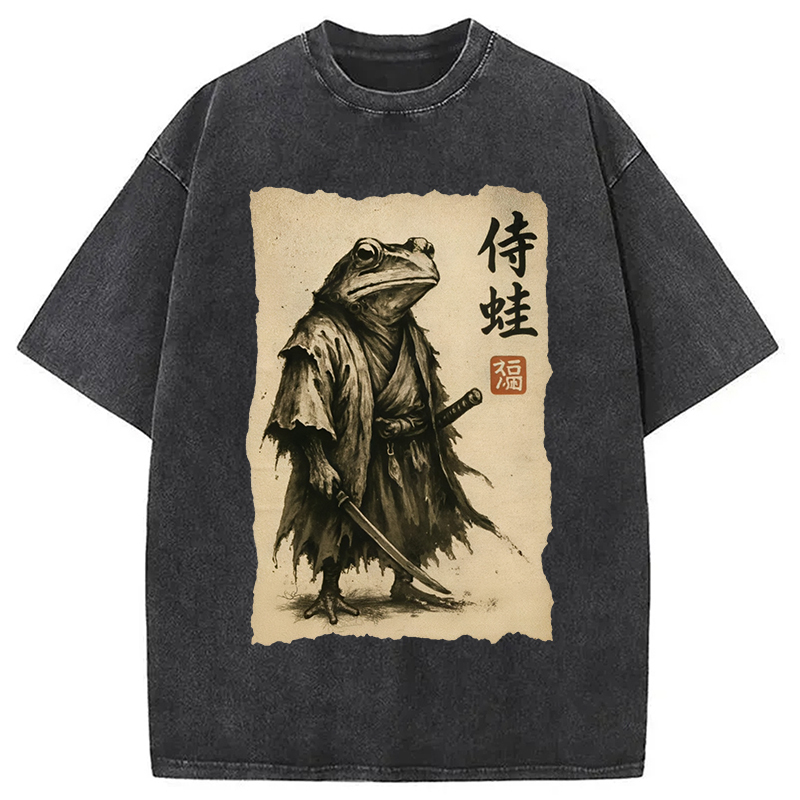 Samurai Frog Washed T-Shirt Soft Cotton Daily Wear Tee Gifts For Him