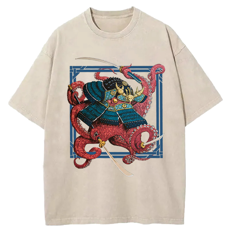 Samurai Octopus Swinging Sword Washed T-Shirt Trendy Aesthetic Graphic Apparel Gifts For Him
