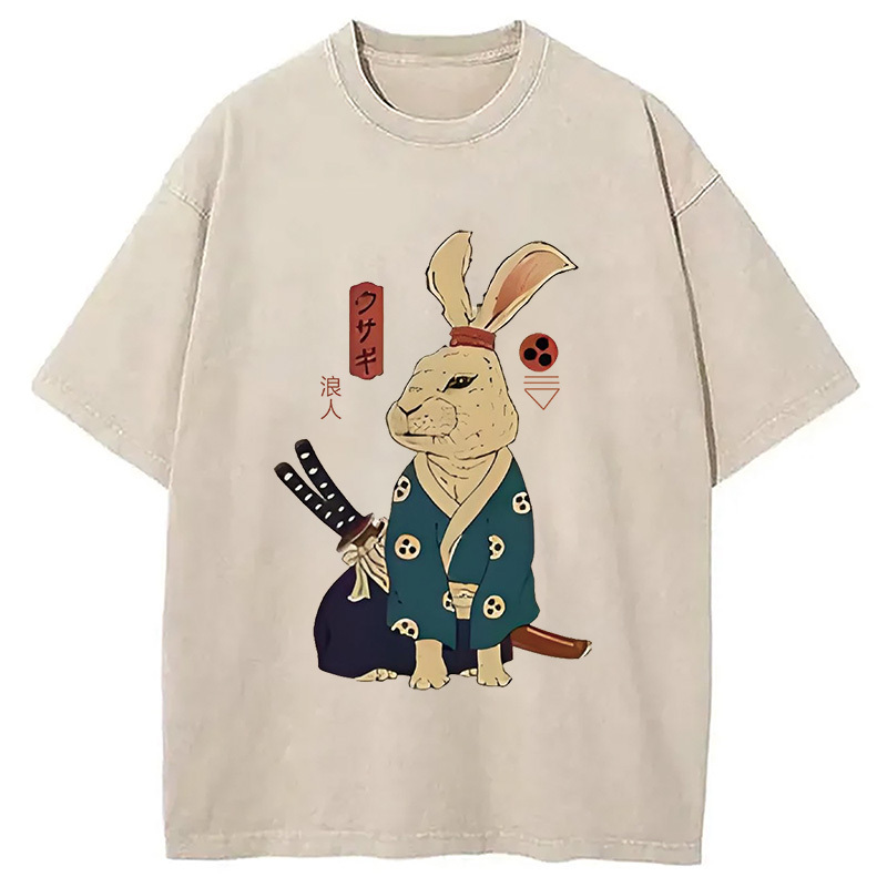 Samurai Rabbit Ukiyo-e Washed T-Shirt Casual Vintage Everyday Look Gifts For Brother